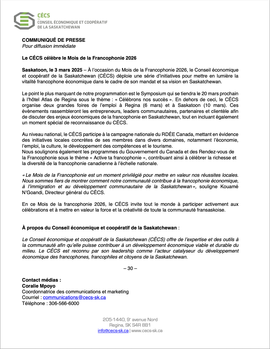 20260303 Communiqué de presse Mois de la francophonie 2026